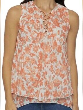 Lyssé Handkerchief Sheer Tank Top Warm Peach Floral Layered Women's Size Medium